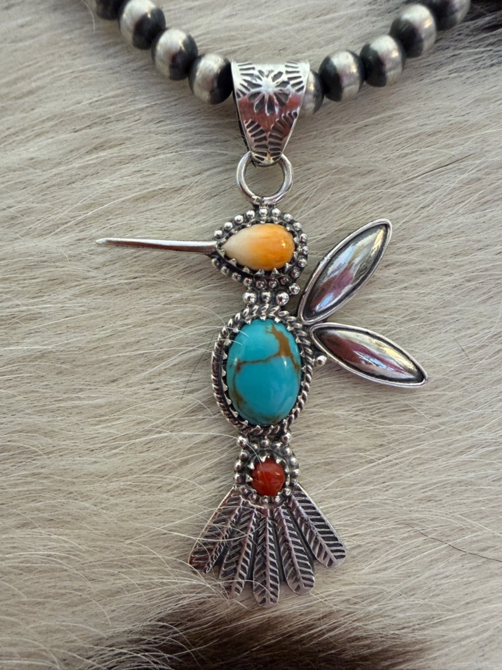 ❤️ Spiny Oyster, Kingman Turquoise Red Coral Hummingbird Navajo Sterling Pendant - Picture 7 of 12